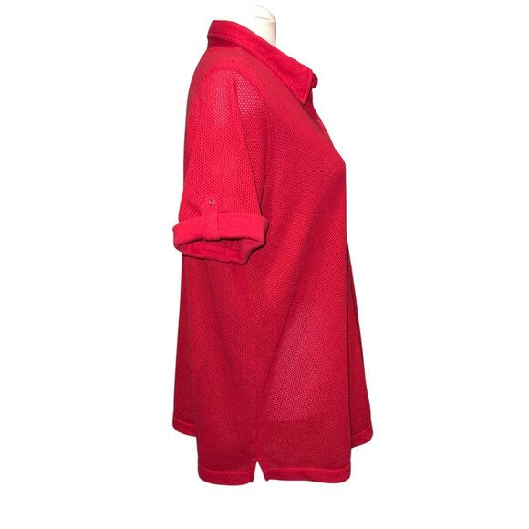 Roamans Red Mesh Button-Up Shirt Size Large Short Sleeve Lightweight Collared To - Picture 4 of 10
